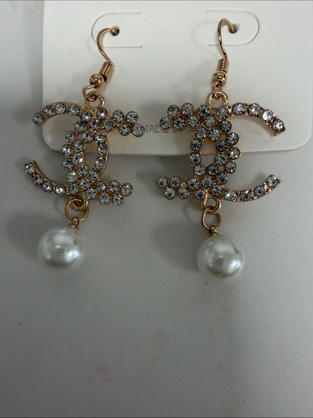 Gold Crystal Double-C Cuff Pearl Drop Earrings - White
